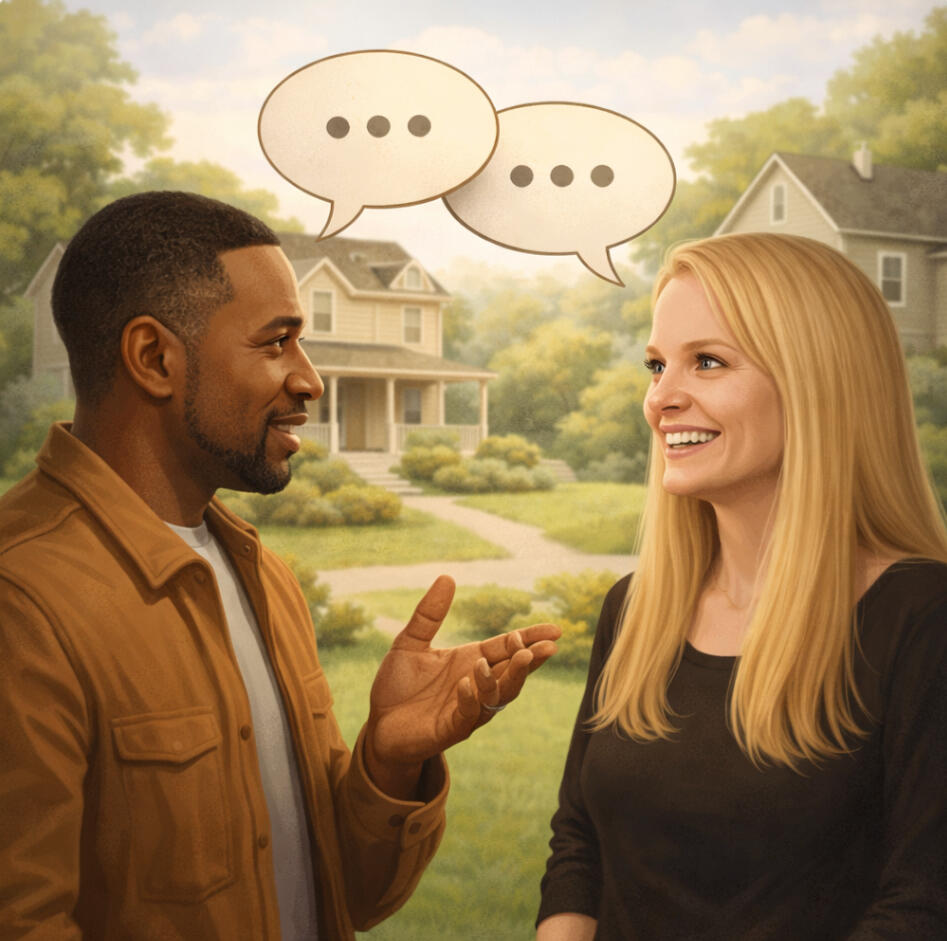 Let's talk Amy and a man with text bubbles talking outside a house