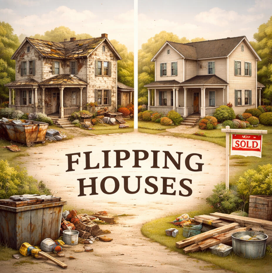 Flipping Houses mirror image of two houses with house on the right in disrepair and house on the left rehabbed